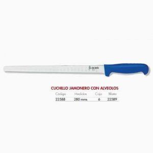 Cuchillo jamonero alveolado inoxidable Flores Cortes con mango azul